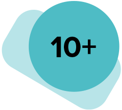 A graphic presenting a statistic of "10+" in a circle on top of a rectangle
