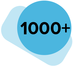 A graphic presenting a statistic of "1000+" in a circle on top of a rectangle