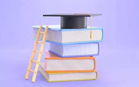 book pile, graduation hat, ladder