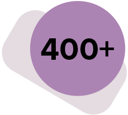 A graphic presenting a statistic of "400+" in a circle on top of a rectangle