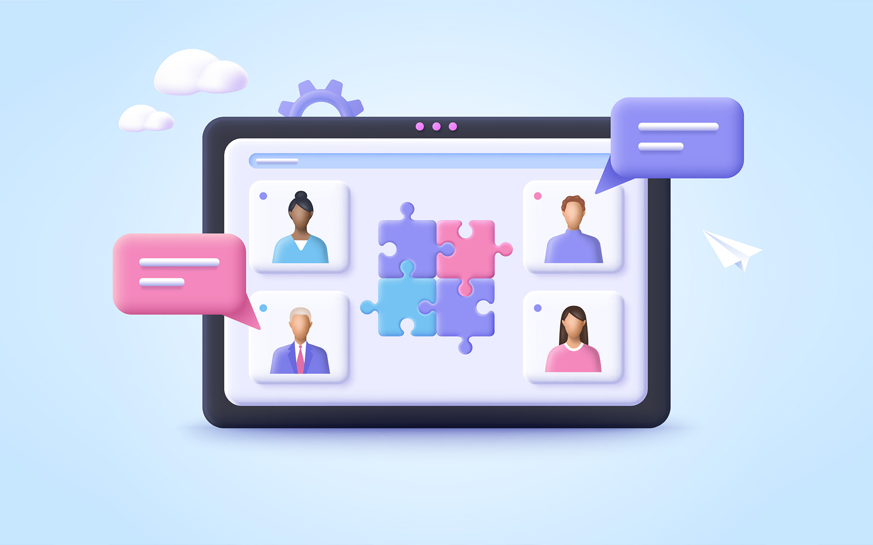 screen with profiles, speech bubbles, puzzle pieces, clouds, paper plane