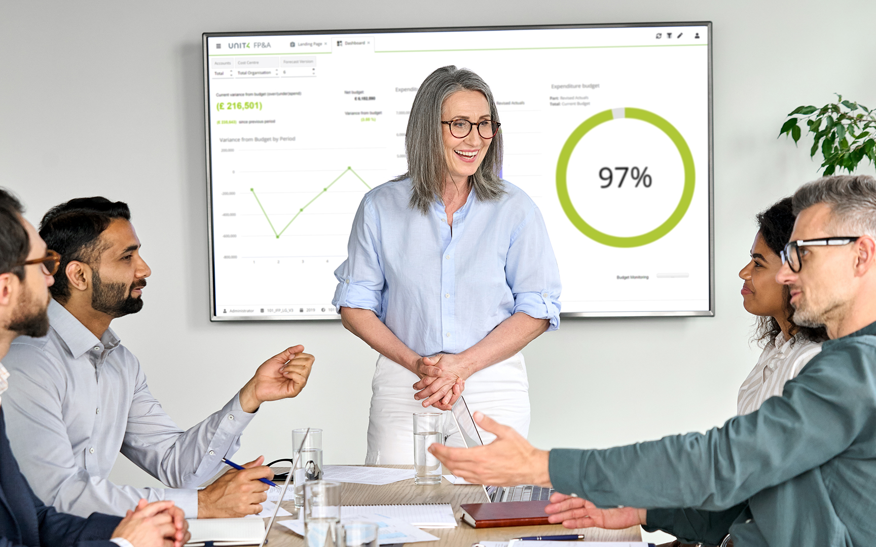 Smiling woman talking to people around a table. Behind her a screen with Unit4 FPA