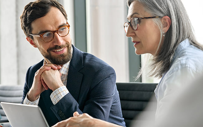 woman and men talking