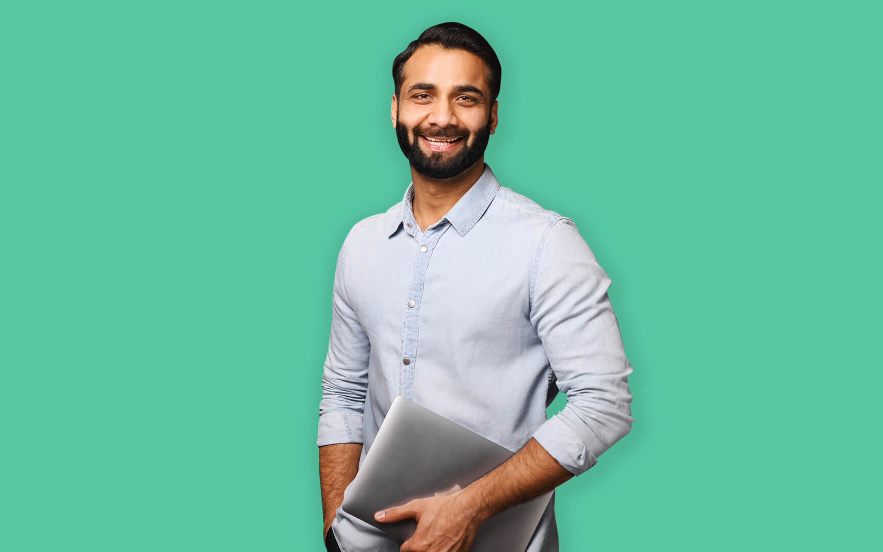 men smiling and caring a laptop
