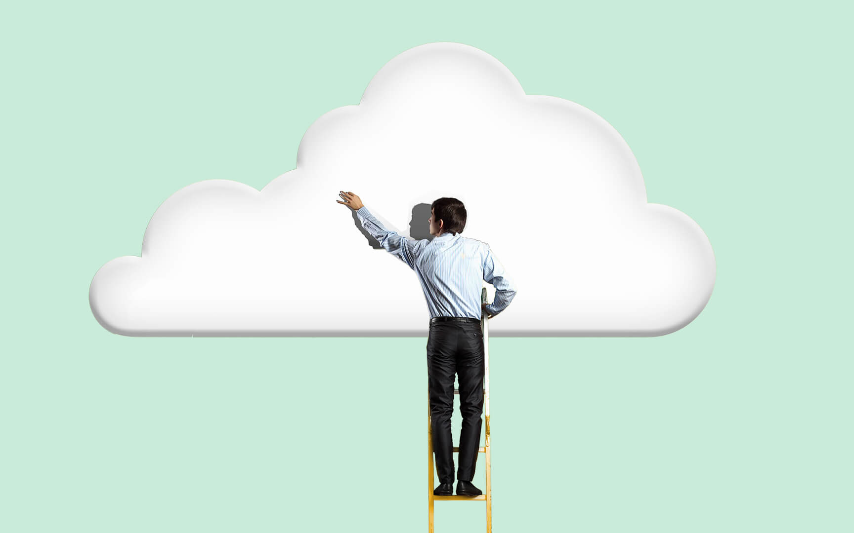 men using stairs to climb to white cloud