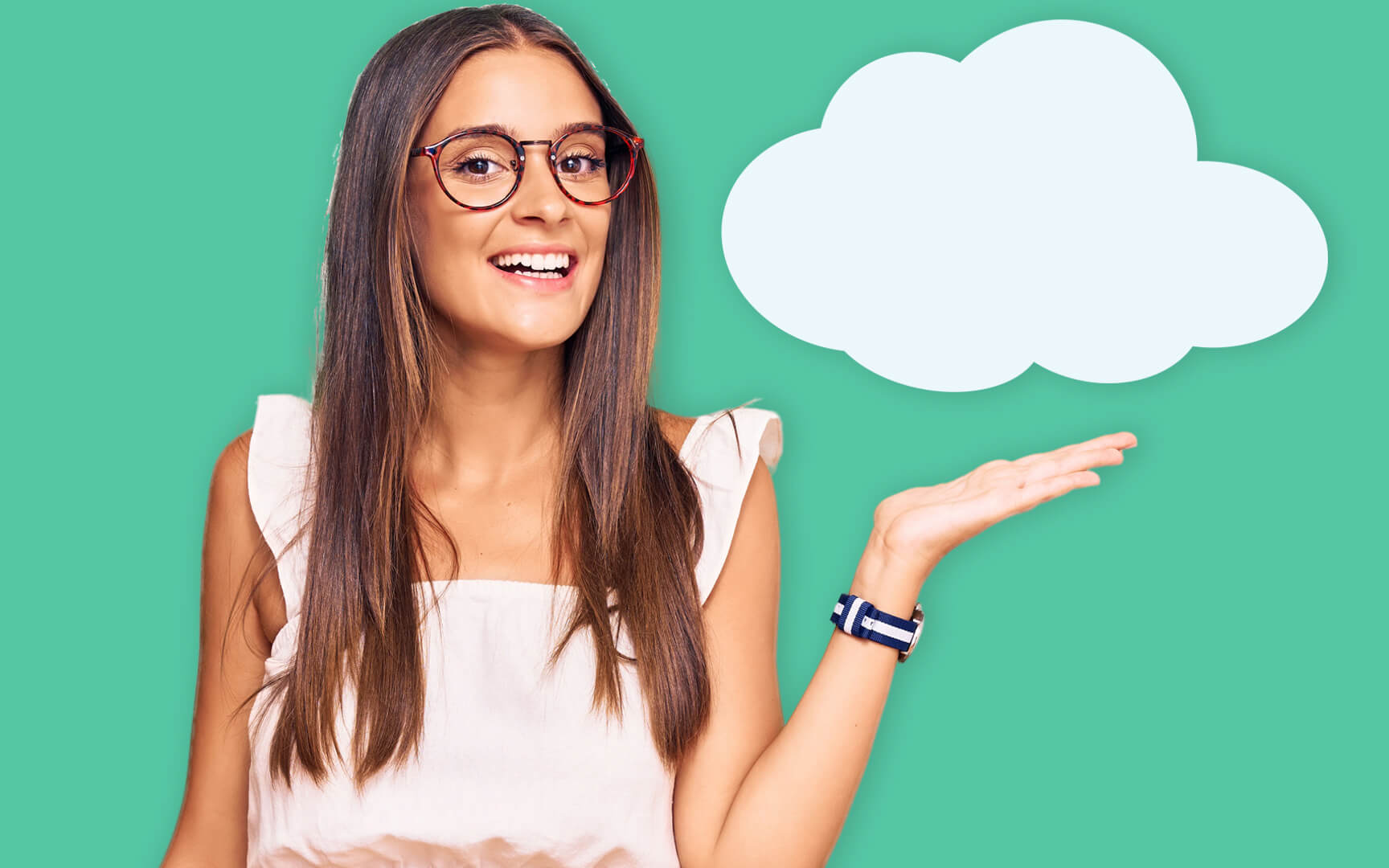young woman pointing to a white cloud