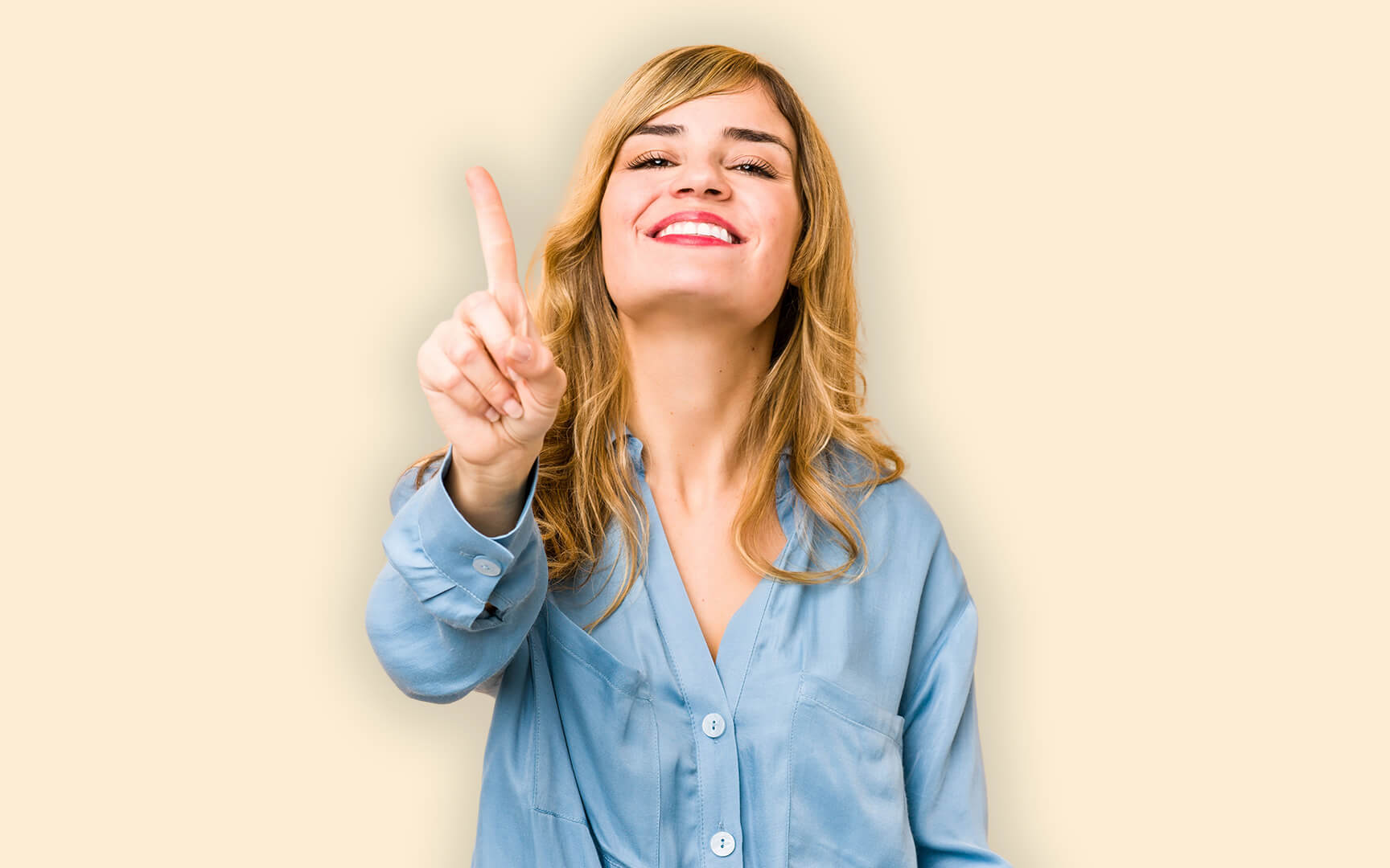 woman smiling and pointing number one