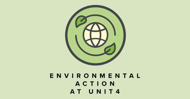 A logo with a globe surrounded by leaves, labeled 'Environmental Action at Unit4'. 