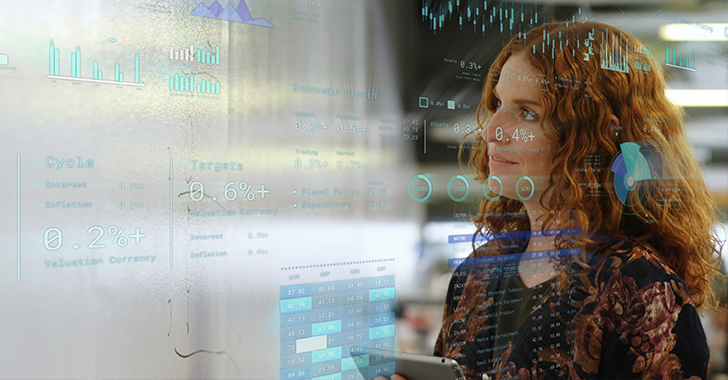 A woman holding a smartphone stands on the right, overlaid with transparent economic data visualizations, including bar graphs, line graphs, and pie charts in blue and green. 