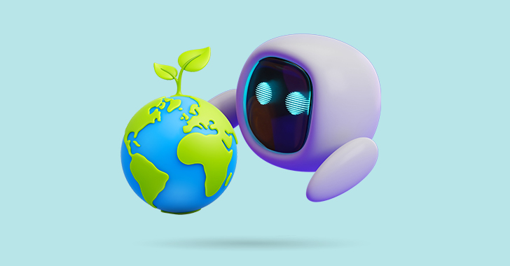 A futuristic robot with glowing blue eyes hovers beside a stylized globe featuring bright yellow continents on a blue ocean. 