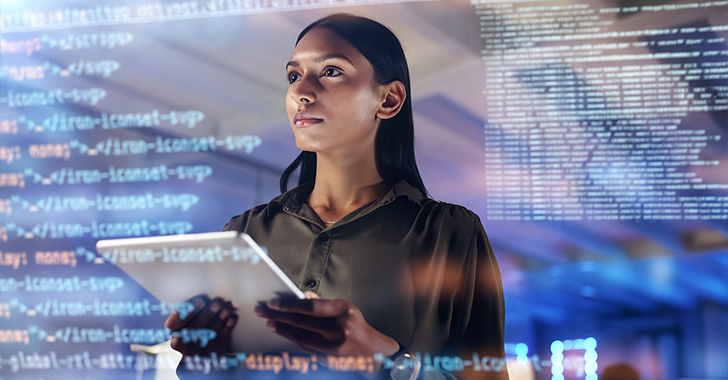 A tech-focused scene featuring a person holding a tablet, surrounded by superimposed lines of code. 