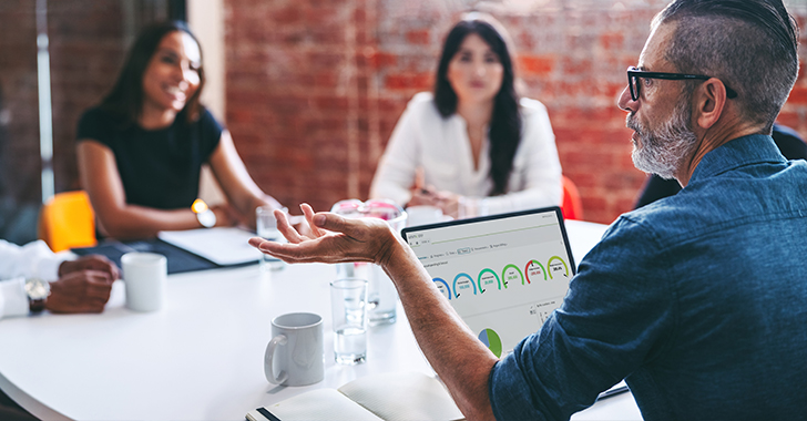 A modern office setting with four individuals seated around a round white table, engaged in a collaborative discussion.