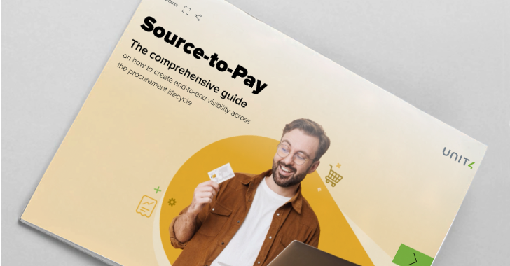 Cover of the 'Source-to-Pay' guide by UNIT4, featuring a smiling man with a beard and glasses holding a credit card near a silver laptop