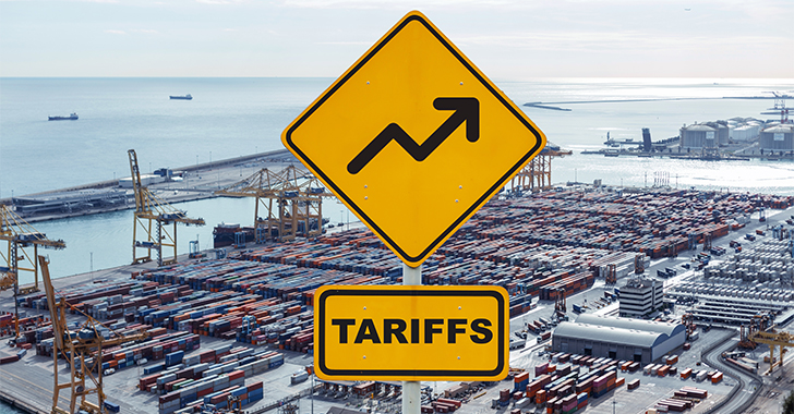 Two bright yellow road signs in the foreground, one featuring an upward-trending arrow and the other labeled 'TARIFFS,' set against an aerial view of a bustling shipping port. 