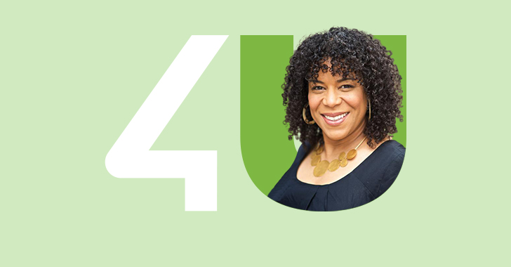 A cheerful woman with medium-dark skin, curly hair, and a radiant smile is framed within a large, dark green letter 'U' next to a bold white number '4' on a pastel green background. 