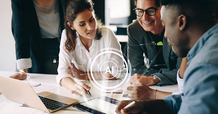 A group of four professionals collaborating around a laptop with AI graphics displayed on a tablet. 