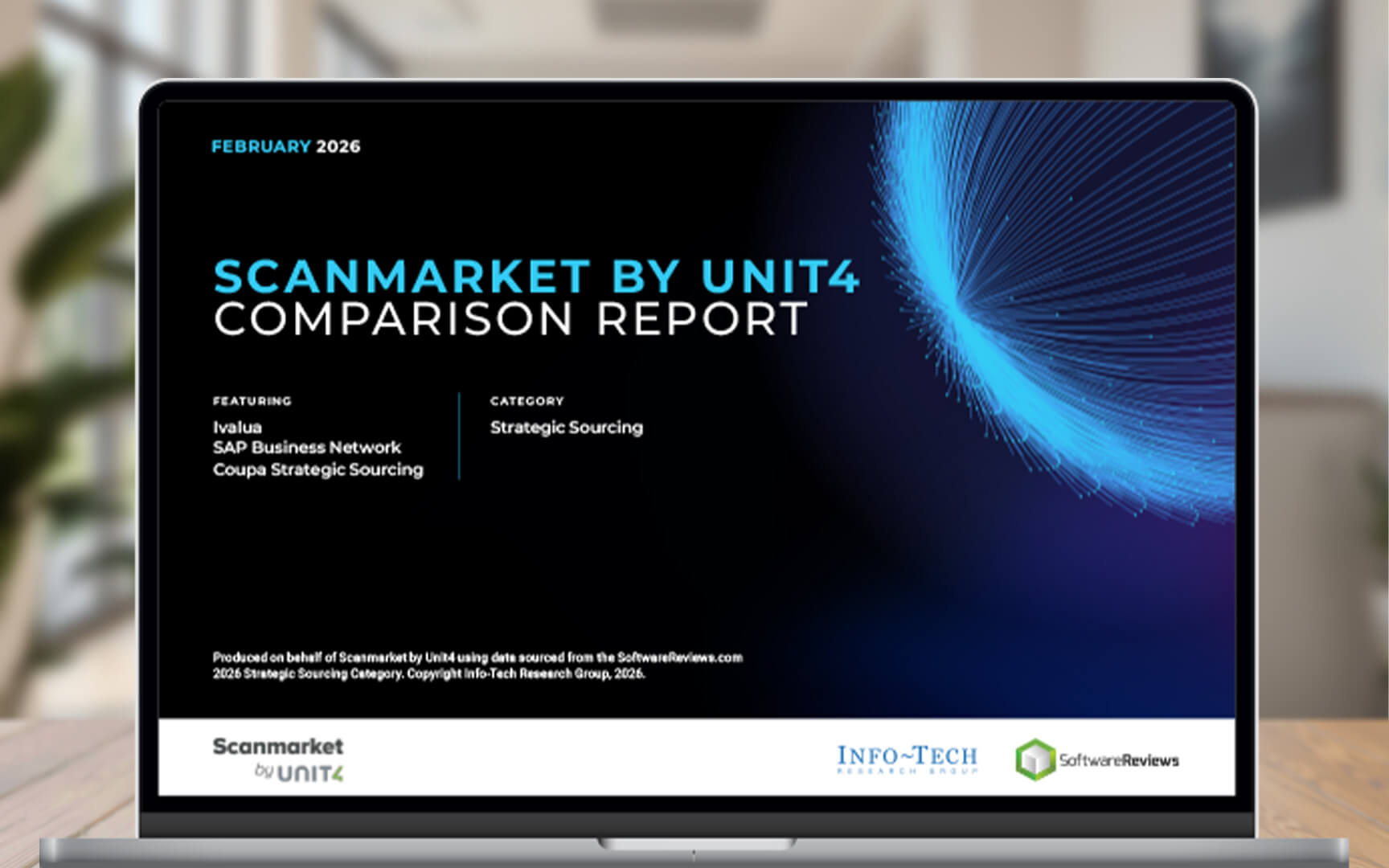 Laptop screen displaying the “Scanmarket by Unit4 – Comparison Report” for Strategic Sourcing, featuring a blue abstract graphic and Info‑Tech and SoftwareReviews logos.