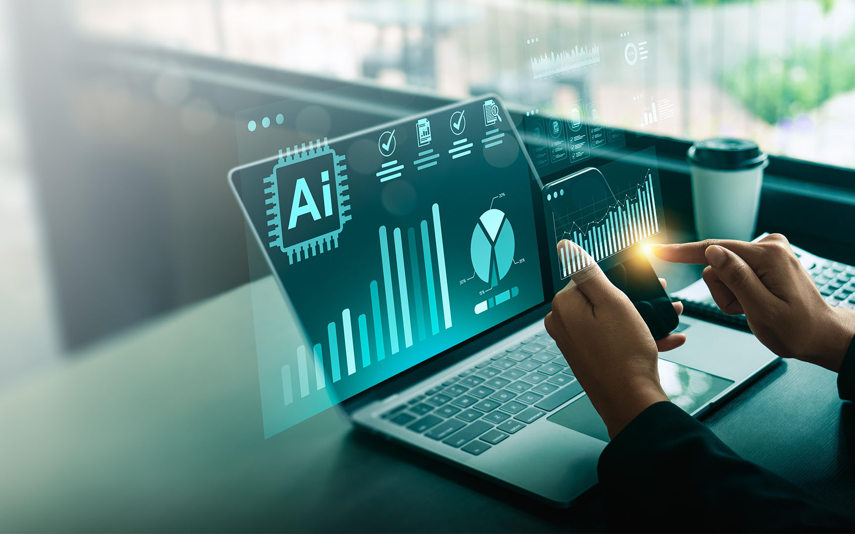 A person uses a laptop and smartphone to view AI-powered financial analytics dashboards.