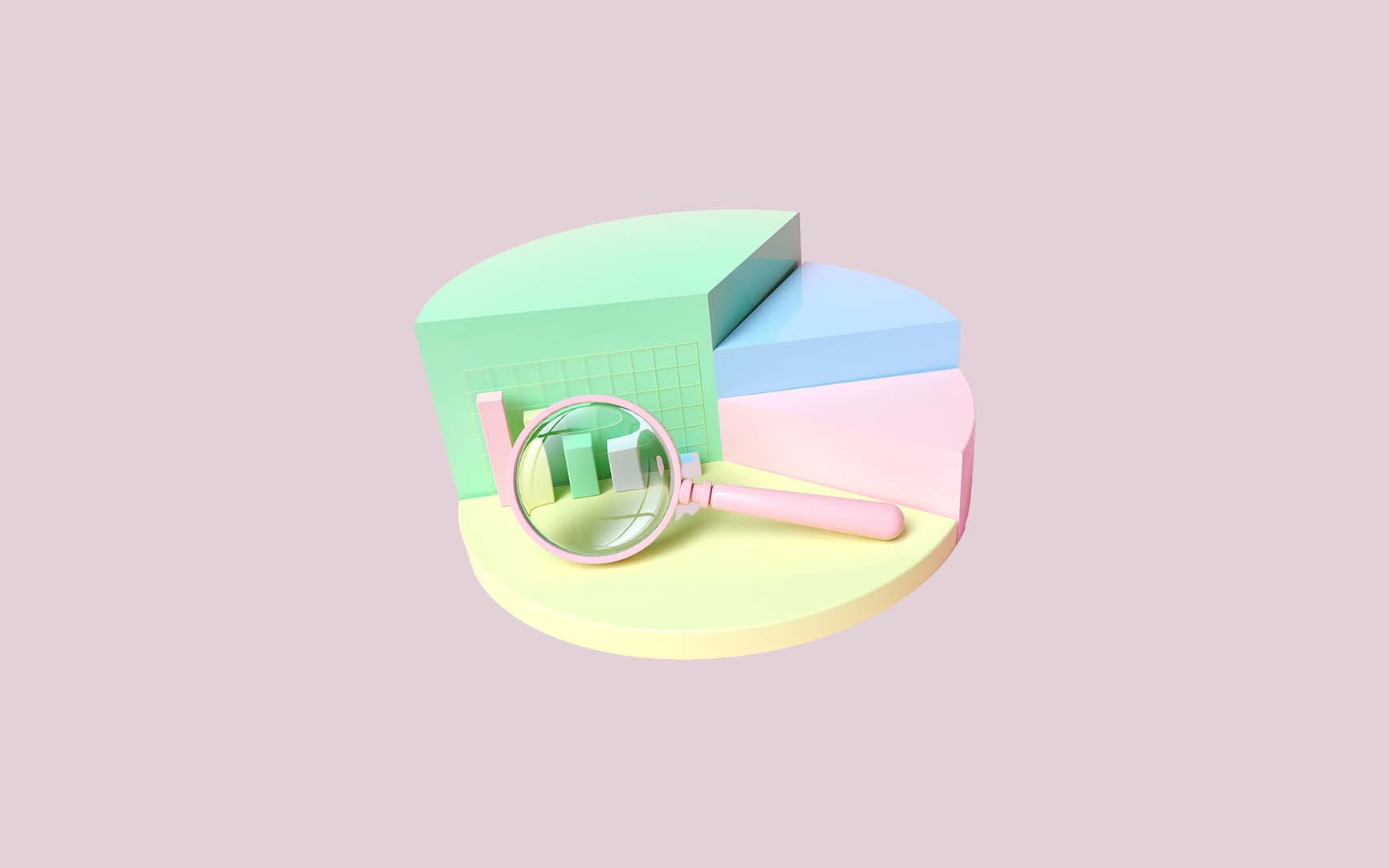 3D-kuva ympyräkaaviosta, jossa on suurennuslasi