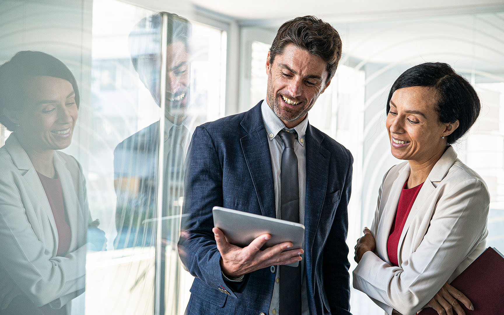 Smart dressed man and woman talking