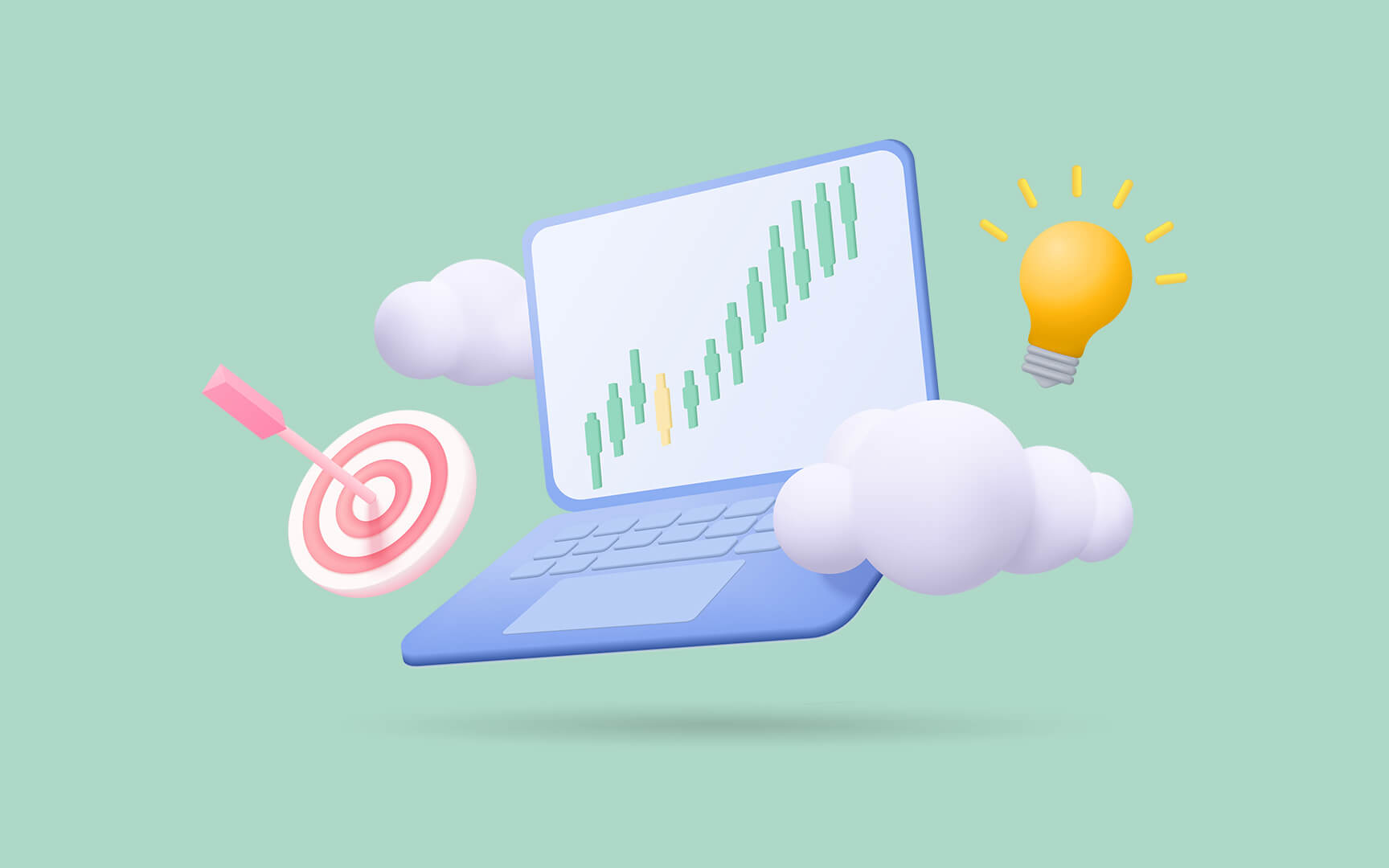 A graphic featuring a laptop with a bar chart on the screen, surrounded by clouds, with a lightbulb and a dartboard with an arrow hitting the bullseye nearby, all against a pastel green background.