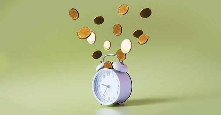 Coins floating above a classic alarm clock against a soft green background.