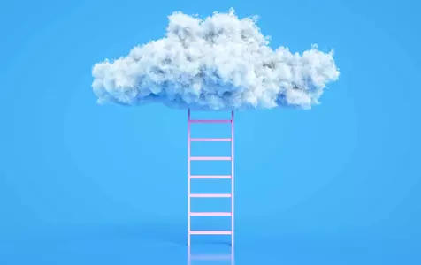 A pink ladder reaching into a cloud