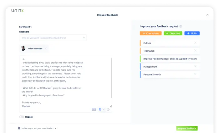 Beispiel für ein Feedback Request Form in Unit4 Talent Management