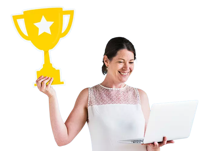 Smiling woman holding a laptop and an award