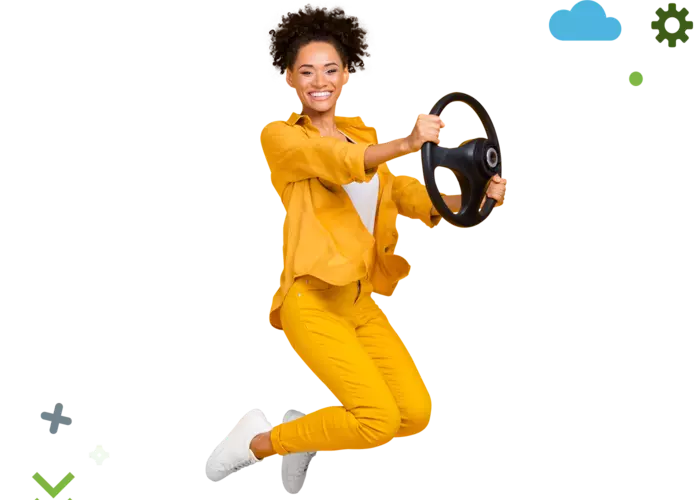 Smiling woman holding a steering wheel