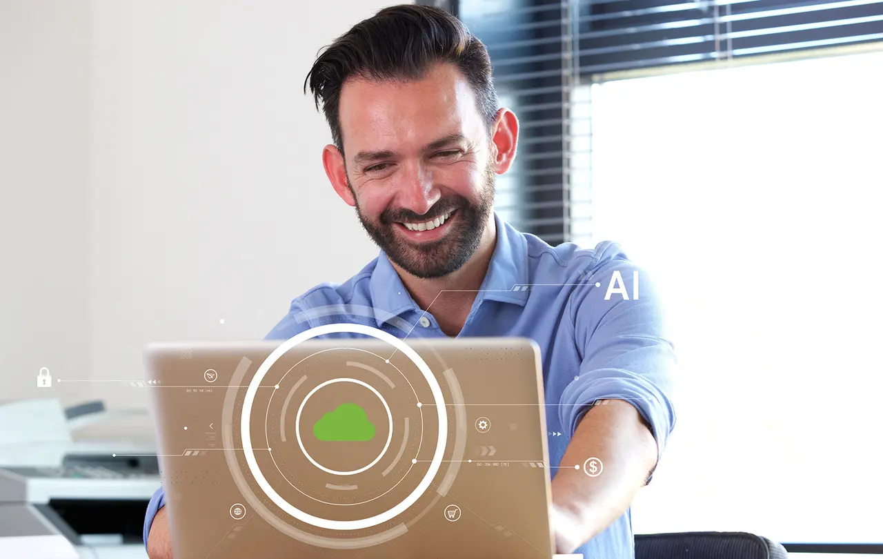 men smiling to the laptop