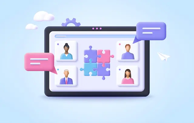 screen with profiles, speech bubbles, puzzle pieces, clouds, paper plane