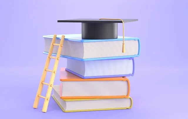 book pile, graduation hat, ladder