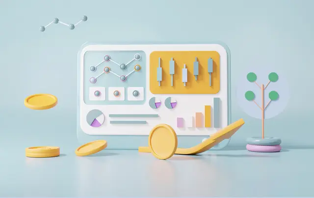 pie charts, coins, tree, graphs