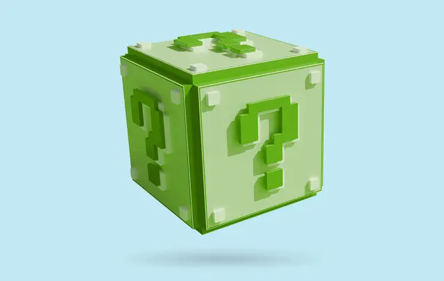 green mystery box with question marks
