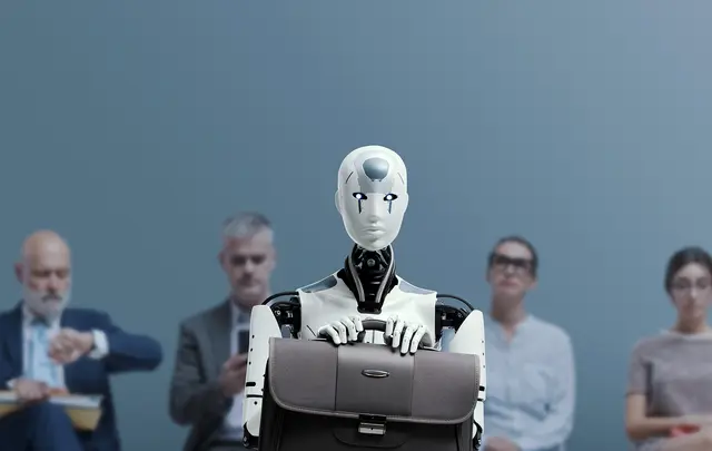 Robot with a brief case sitting in front of people