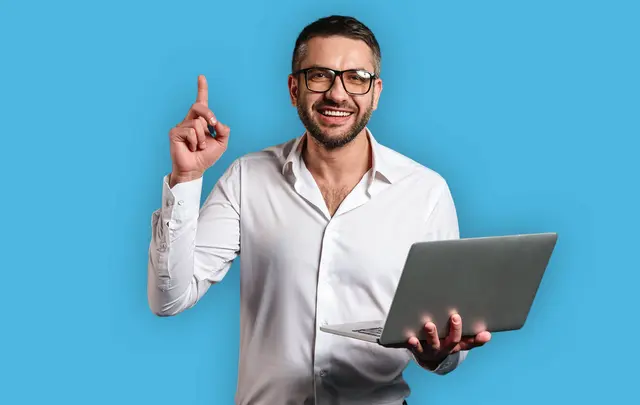 men with blue background pointing