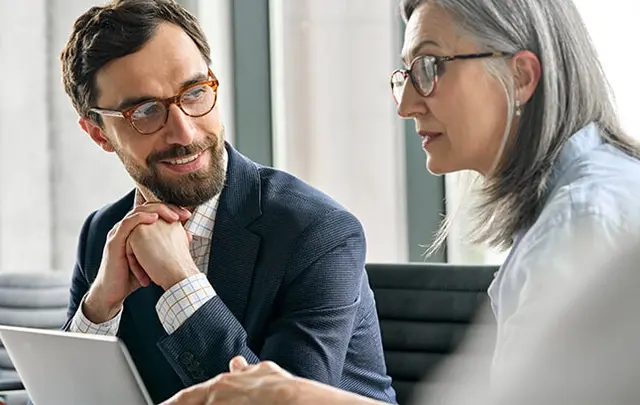 woman and men talking