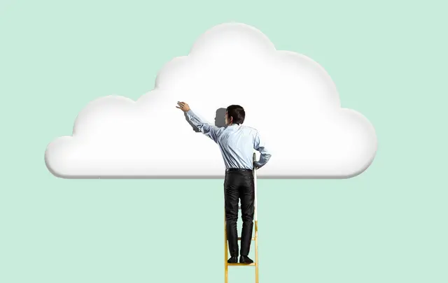 men using stairs to climb to white cloud