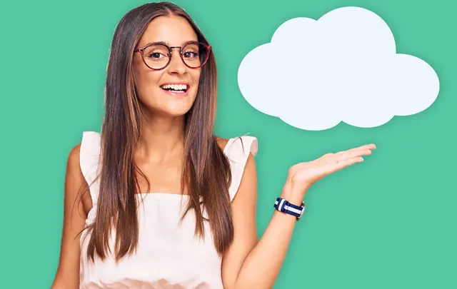 young woman pointing to a white cloud