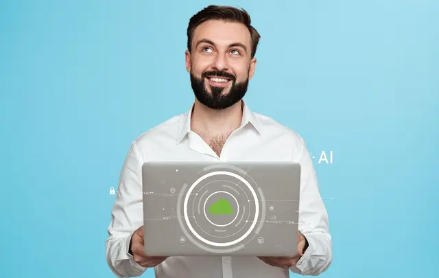 A man with a beard holds a laptop displaying a green cloud logo and tech graphics against a light blue background.
