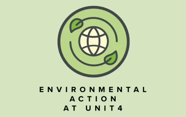 A logo with a globe surrounded by leaves, labeled 'Environmental Action at Unit4'. 