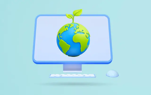 A computer monitor displaying a globe with a small green plant growing on top. 