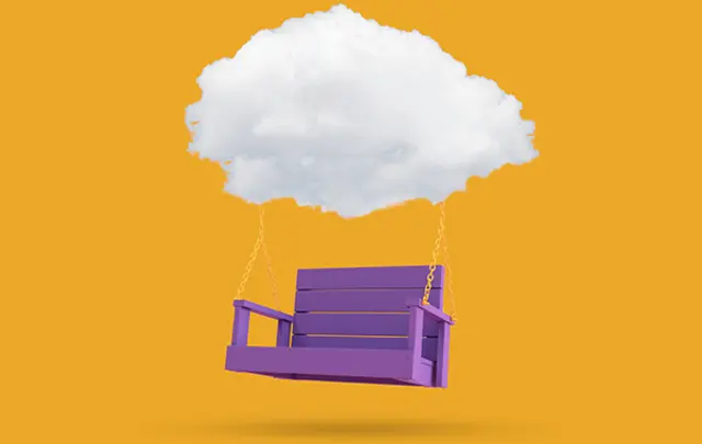A whimsical scene featuring a purple wooden swing suspended by orange ropes from a fluffy white cloud, set against a vibrant orange background. 