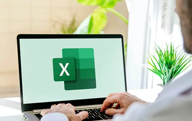 Over-the-shoulder view of a person using a silver laptop with the Microsoft Excel logo prominently displayed on the screen.