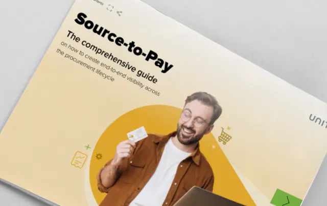 Cover of the 'Source-to-Pay' guide by UNIT4, featuring a smiling man with a beard and glasses holding a credit card near a silver laptop