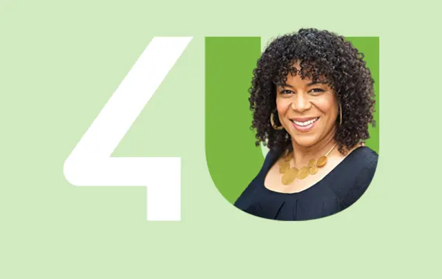 A cheerful woman with medium-dark skin, curly hair, and a radiant smile is framed within a large, dark green letter 'U' next to a bold white number '4' on a pastel green background. 
