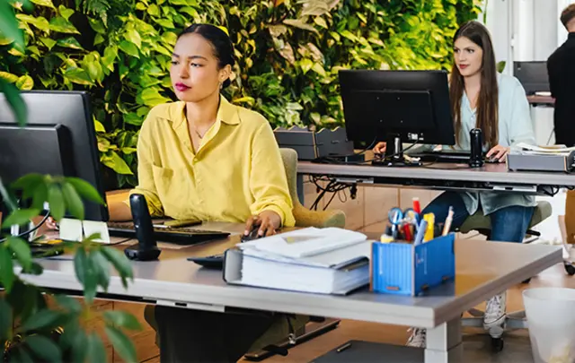 An open office space with several people working at desks equipped with computers, documents, and office supplies. 