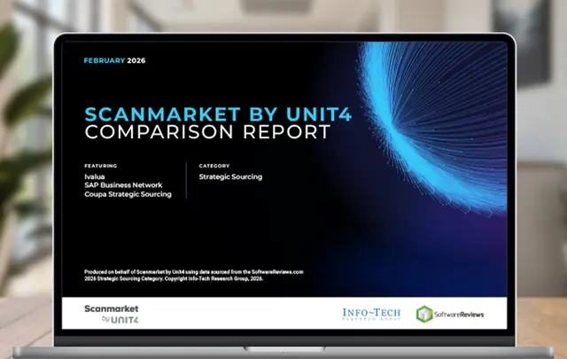 Laptop screen displaying the “Scanmarket by Unit4 – Comparison Report” for Strategic Sourcing, featuring a blue abstract graphic and Info‑Tech and SoftwareReviews logos.