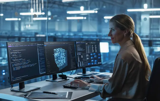 Person working at a multi-monitor workstation in a modern office, reviewing software code, data visualizations, and digital models displayed across screens.